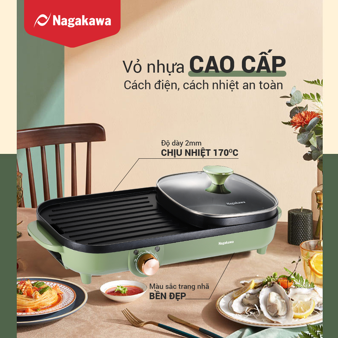 Bếp lẩu nướng điện Nagakawa NAG3104 2 trong 1 tiện lợi với công xuất vượt trội so với các loại bếp thông thường vừa lướng vừa lẩu ,rễ vệ sinh . với nút điều chỉnh nhiệt theo ý của bạn ( BẢO HÀNH 12 THÁNG )