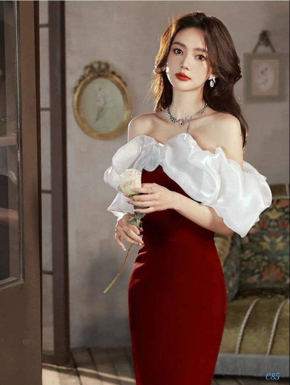 Đầm umi phối voan kiếng bệt vai xinh ldt1022