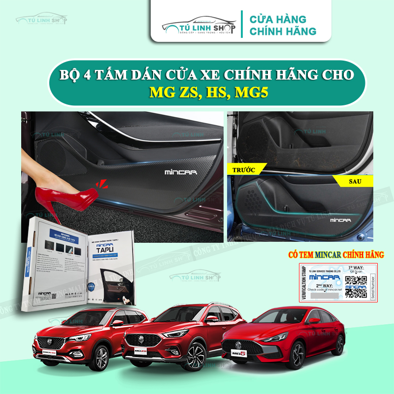 Bộ 4 Tấm dán Tapli xe MG ZS, HS, MG5 chính hãng MINCAR, chống xước tapi cửa ô tô bằng Carbon Air Fiber cao cấp