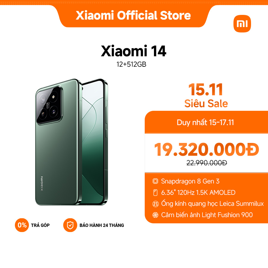 Điện thoại thông minh Xiaomi 14 (12+512GB) | Cảm biến ảnh Sony IMX906 | MD 8300 | Pin 5000mAh