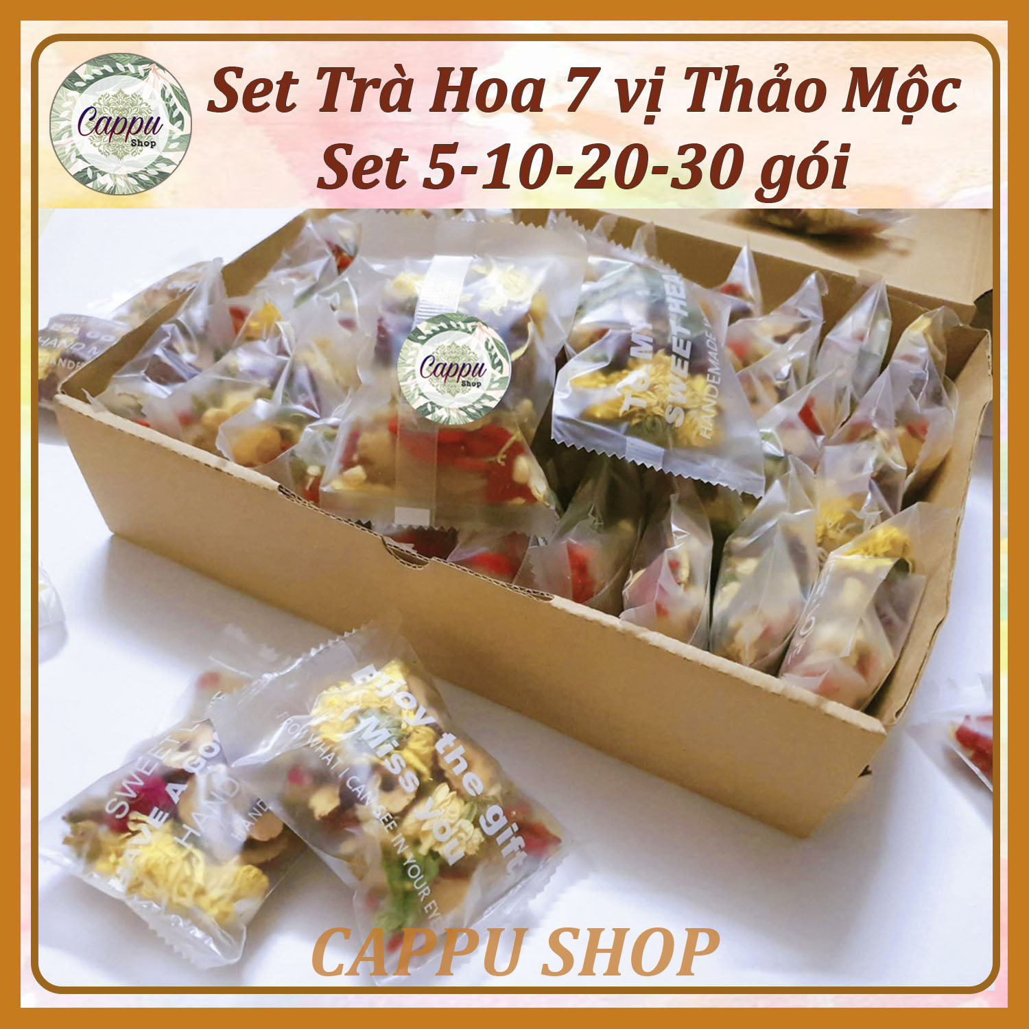 Set 30 gói Trà Hoa 7 Vị, Trà Thảo Mộc (Long nhãn -Táo đỏ -Kỳ tử -Hoa Hồng -Hoa Cúc -Hoa Nhài -Cỏ ngọt)