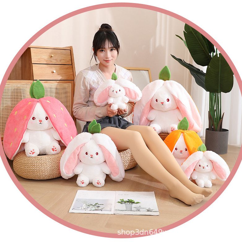 Gấu bông thỏ dâu 2 trong 1 đáng yêu Thỏ nằm trong trái dâu hoặc cà rốt cute thỏ cà rốt tai dài có khóa kéo