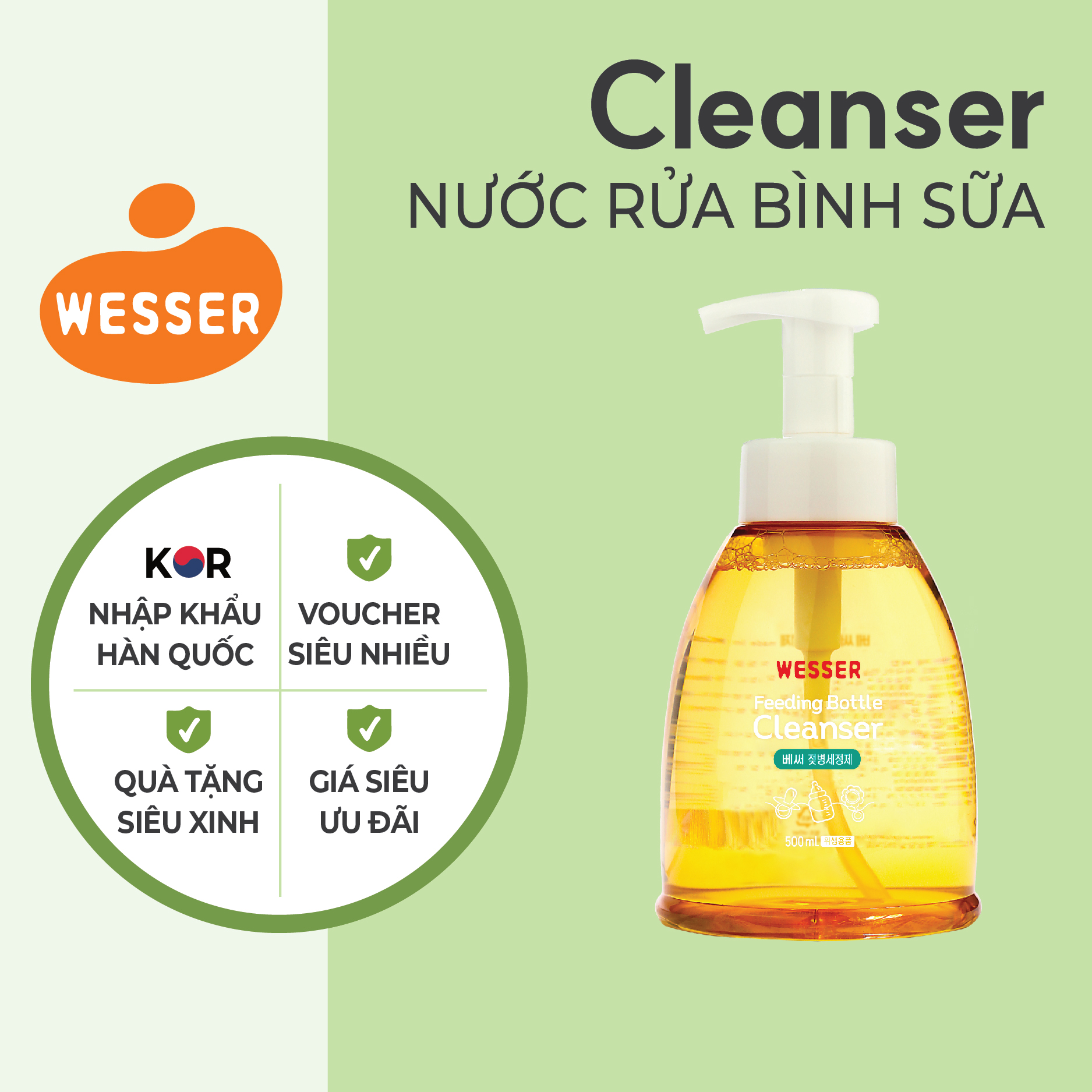 Nước rửa bình sữa Wesser dạng chai 500ml (Nhập khẩu)