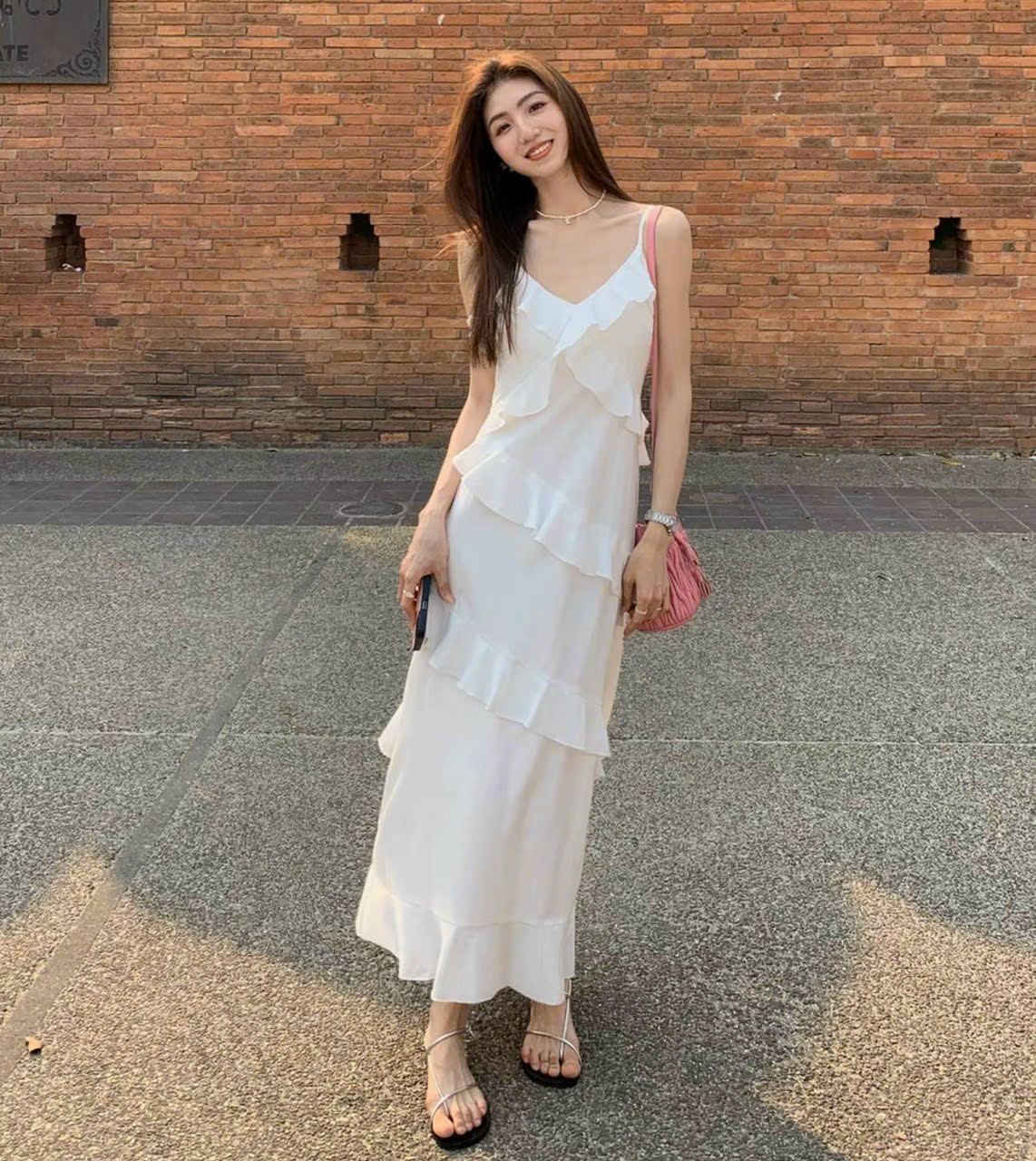 Đầm maxi hai dây phối bèo 2 màu
