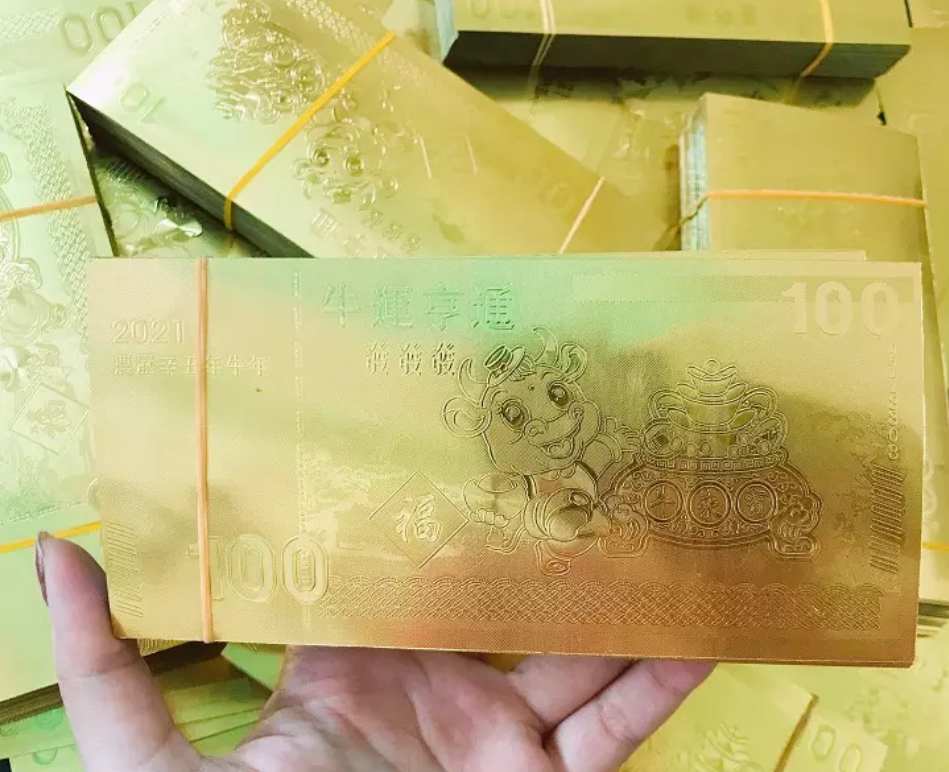 Tiền 100 Macao Hình Con Trâu Mạ Vàng Plastic ,Làm tiền Lì Xì ,Treo Trên Cây Mai Đào Quà Tặng Tài Lộc 2021
