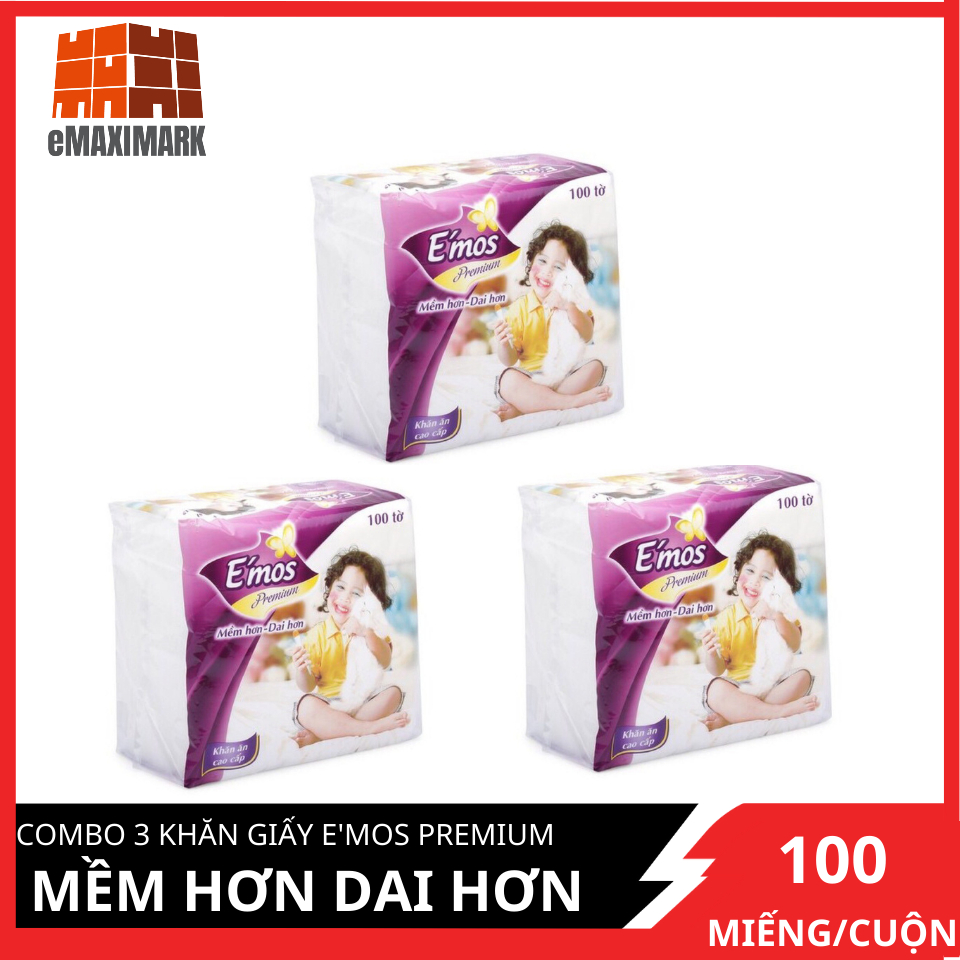Combo 3 khăn giấy e'mos premium mềm hơn dai hơn gói 100 miếng