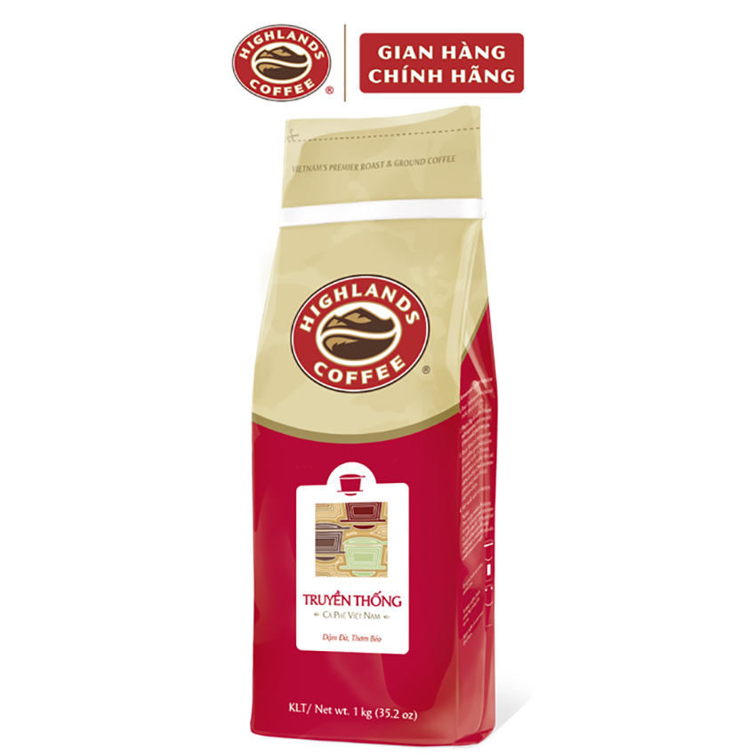 Cà phê rang xay bột Truyền Thống Highlands Coffee 1kg, cafe rang xay Truyền thống gồm: cà phê arabica và cà phê robusta.