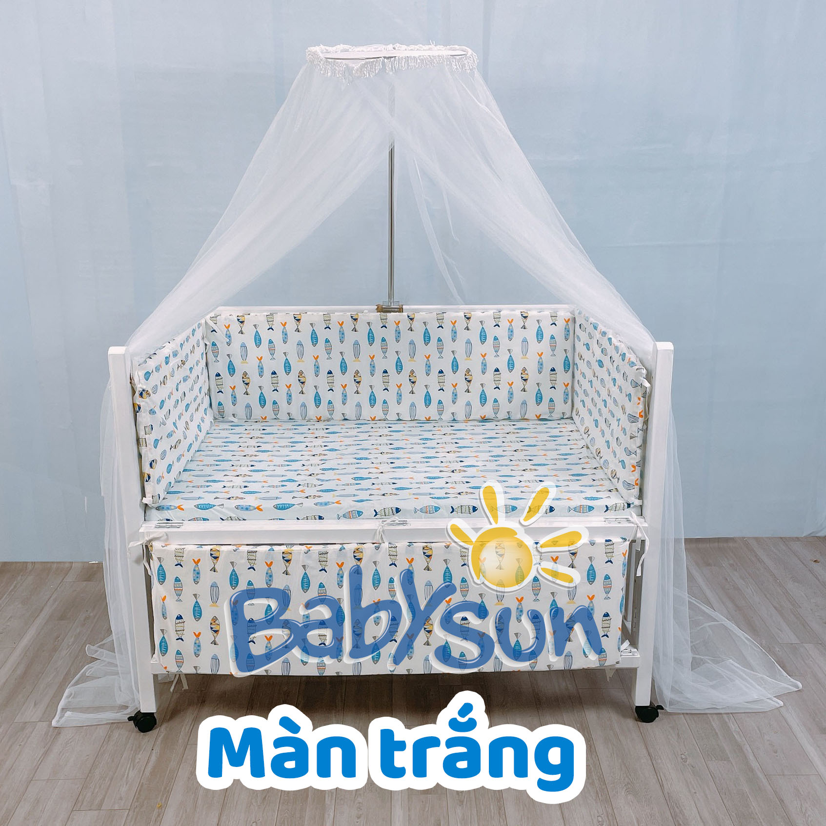 Màn Cũi Và Khung Treo Màn BabySun Cho Cũi Màn Tuyn Trắng Có Cửa Chống Muỗi Phủ Kín Chân