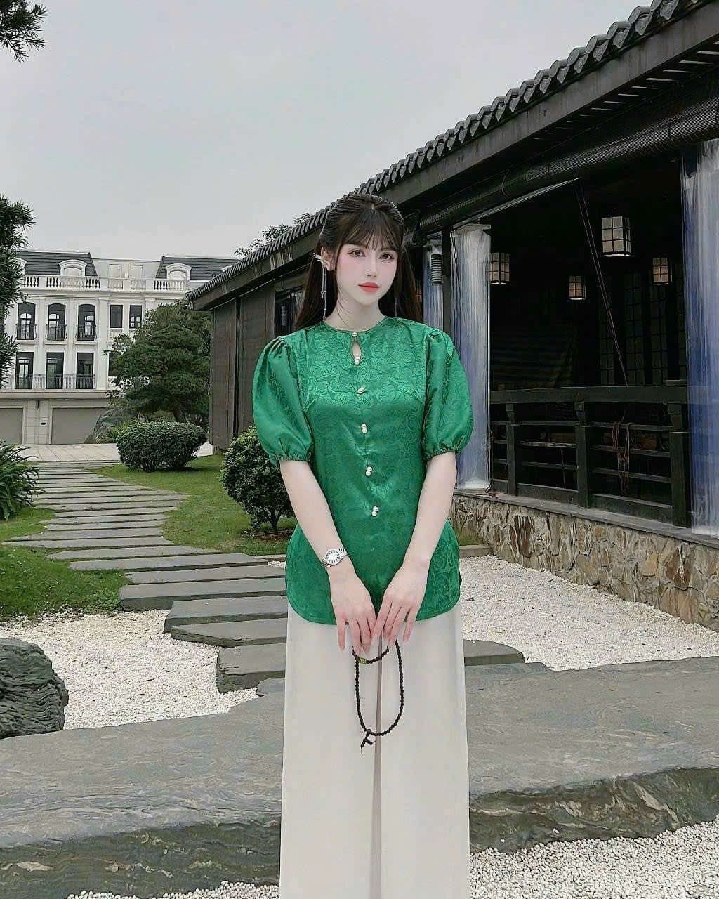 Áo bà ba an huy lụa gấm tay phồng