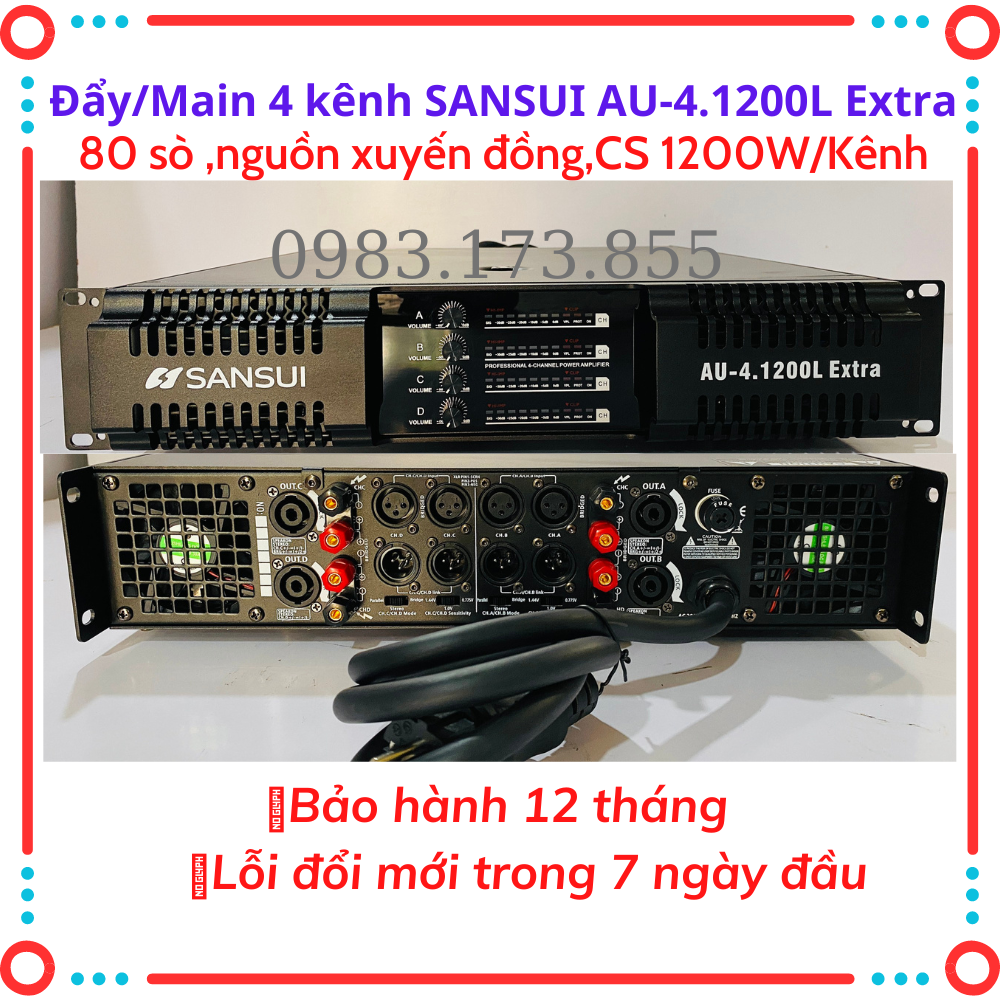 Cục đẩy công suất 4 kênh sansui/thacoustic au-4.1200l extra 80 sò,sansui au--4.500l extra,công suất 1200w/kênh..