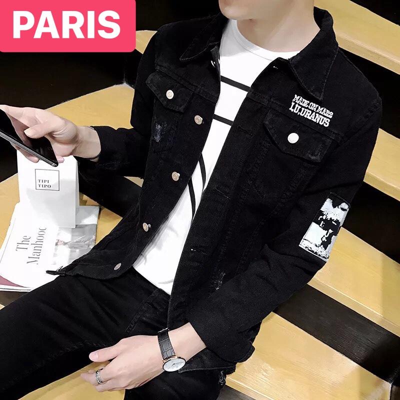 ÁO KHOÁC JEAN NAM CHẤT BÒ ĐEN THÊU TAY MẪU MỚI  CAO CẤP PR-99- PARIS FASHION