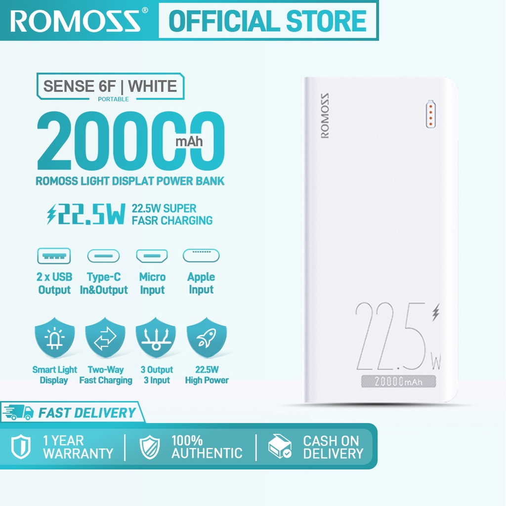 Romoss sense 6f two-way fast charging portable type-c power bank 20000mah 22.5w 3 input output