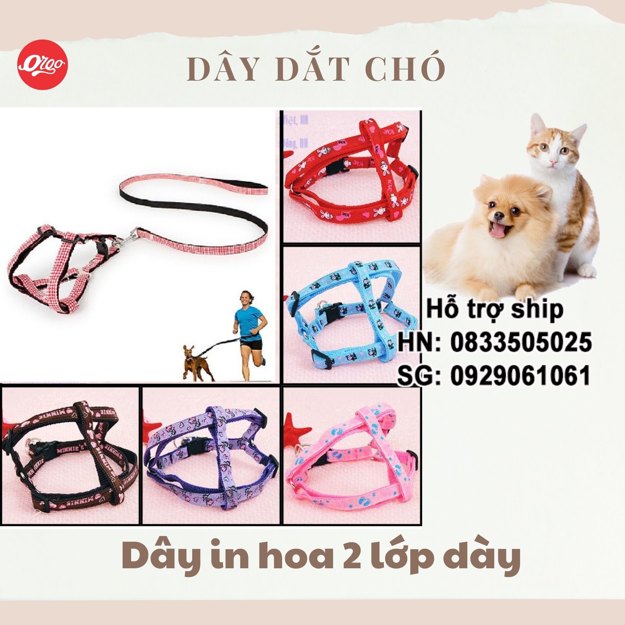 Orgo - Bộ Dây dắt chó mèo + yếm đai yên ngựa cho chó mèo in hoa 2 lớp vải dù dày