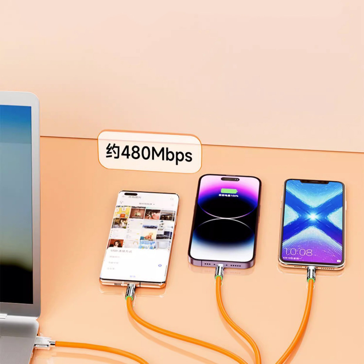 Dây Cáp 3 Đầu Sạc Nhanh 120W 6A Cổng Micro USB type C Bằng silicon Cho iPhone Android.