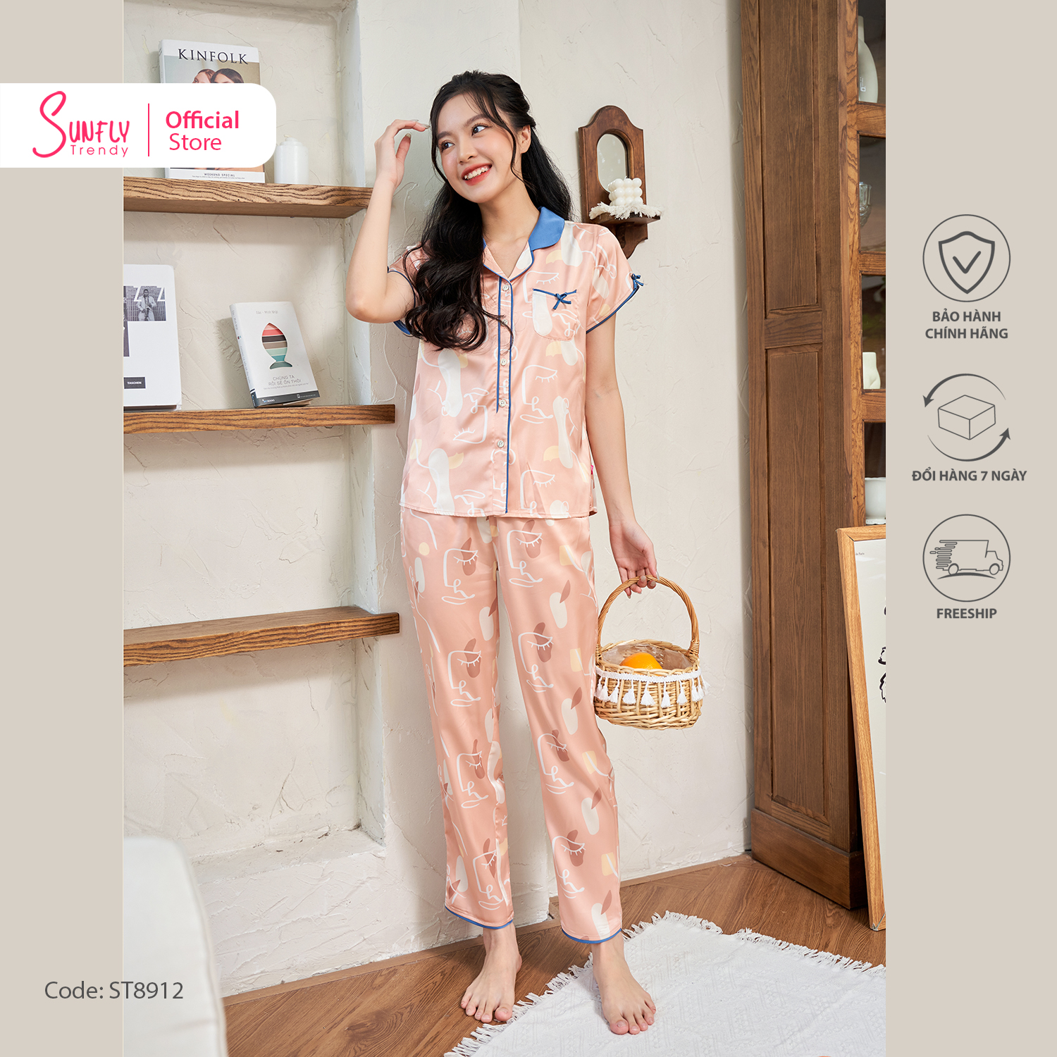 [VOUCHER ĐỘC QUYỀN 15.1 - GIẢM 15% TỐI ĐA 100K]Bộ Đồ Mặc Nhà Nữ Pyjamas Lụa SUNFLY Áo Cộc Quần Dài ST8912