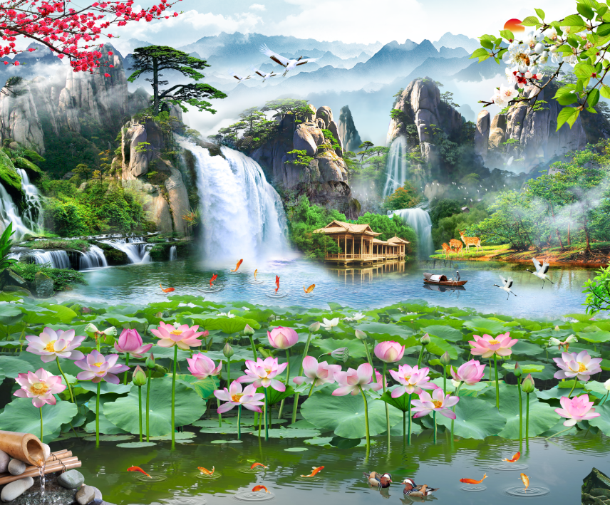 [Deal quà tặng] Tranh dán tường 3d phòng khách sơn thủy hữu tình phong cảnh lãng mạn