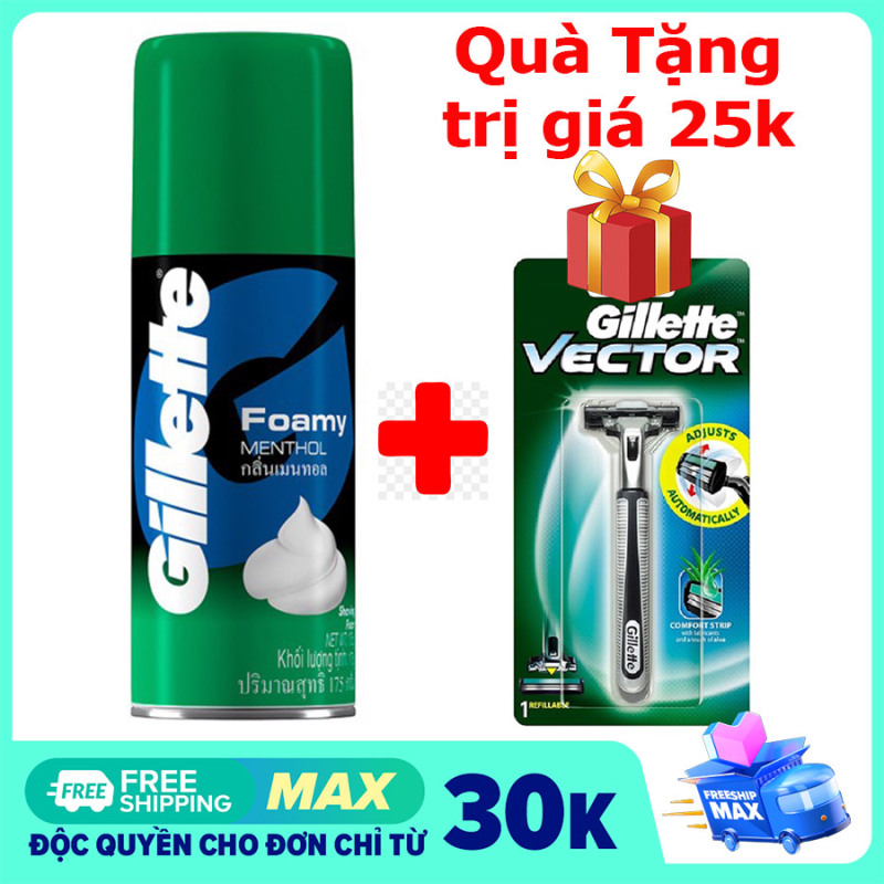 Bọt Cạo Râu Gillette hàng chính hãng  Chai 175g - Tặng kèm Dao cạo râu Gillette Vecter Plus giá 25k - Hương chanh hoặc hương bạc hà