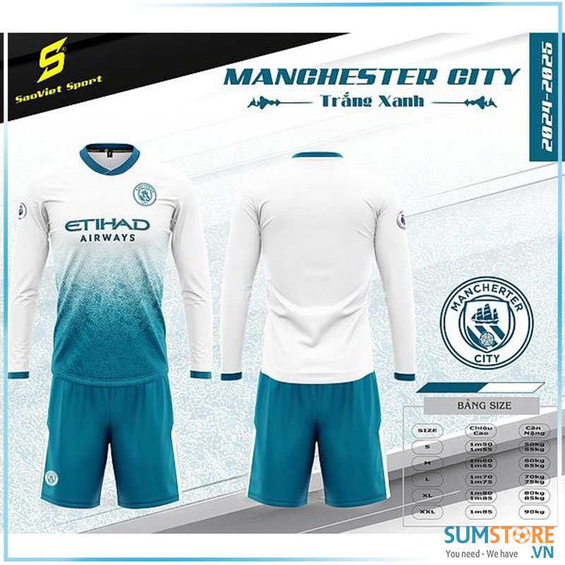 Đồ Đá Banh CLB Man City Trắng Ngọc Dài Tay – Áo Bóng Đá 2024