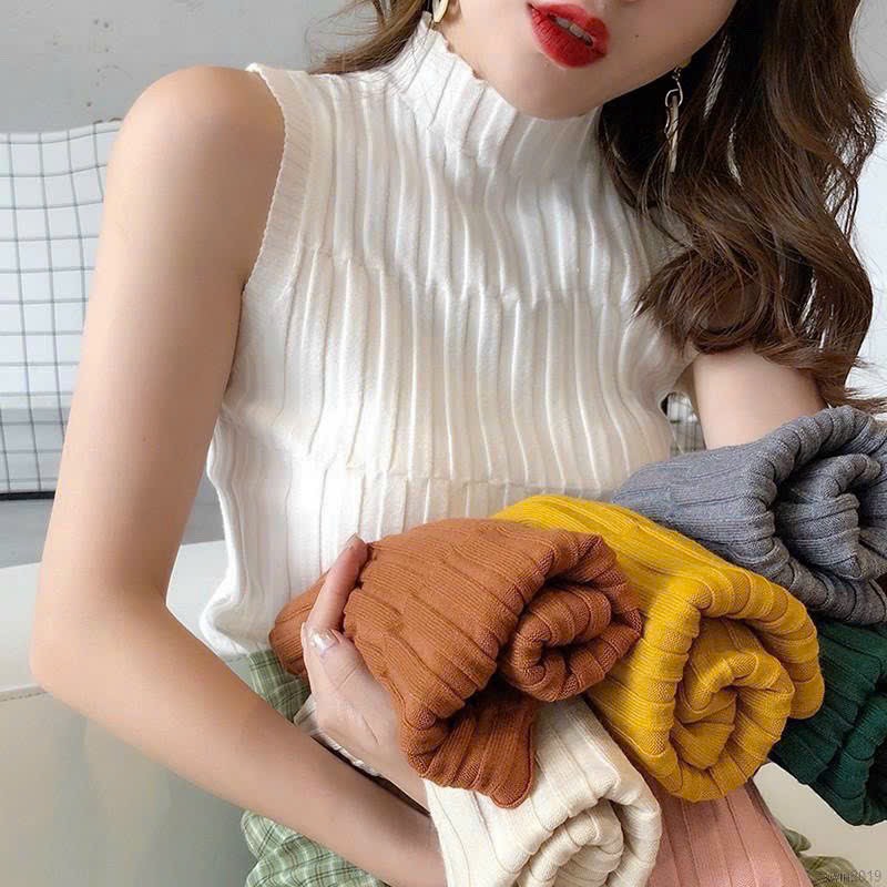 Áo thun gân len tăm Ba Lỗ Không Tay Cổ Tròn, cổ lọ Hàn Quốc nhiều màu, Áo thun croptop cổ lọ gân to
