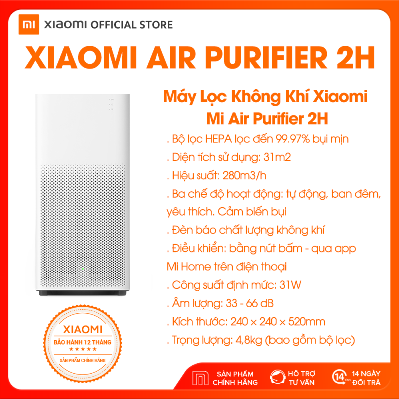 [XIAOMI OFFICIAL] Máy lọc không khí Xiaomi Air Purifier 2H - Diện tích 31m2, Điều khiển bằng ứng dụng, bộ lọc HEPA, Tùy chỉnh 3 chế độ, cảm biến bụi - Bảo hành chính hãng 18 tháng