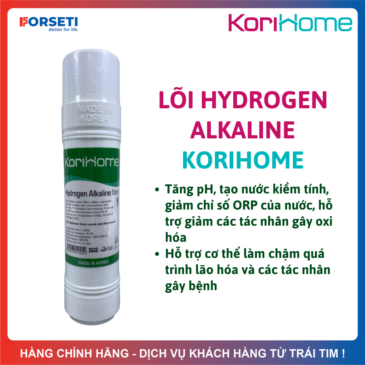 Lõi Lọc Nước Hydrogen Alkaline Korihome Dòng Nhập Khẩu Hàn Quốc Cao Cấp - Chức Năng Tăng pH, Tạo Nước Kiềm Tính, Bổ Sung Hydrogen...