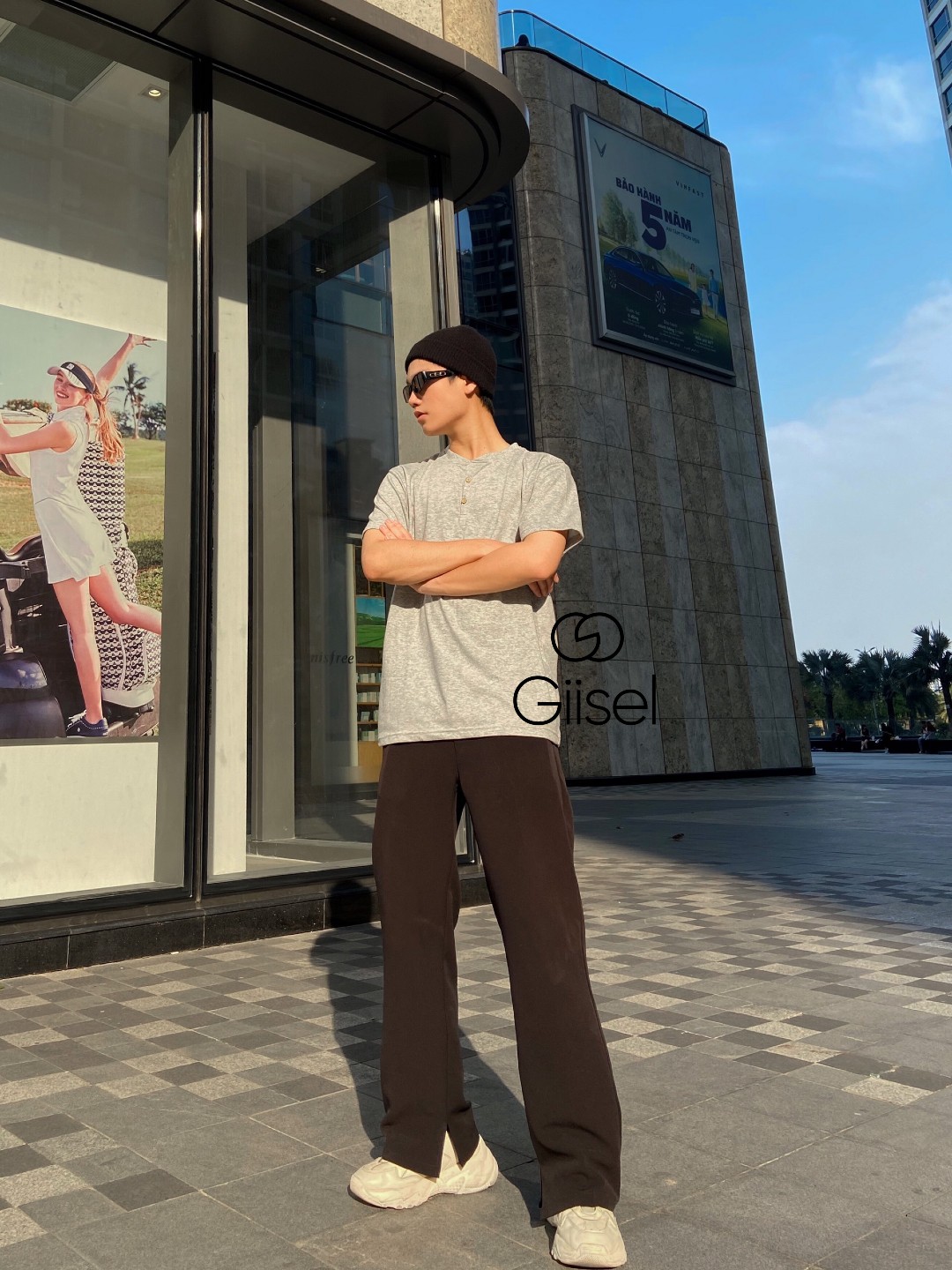 Áo thun henley cổ trụ cộc tay chất liệu cotton Giisel