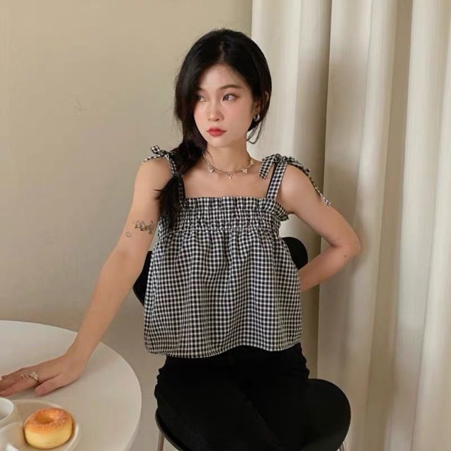 Áo caro cột nơ vai siêu xinh