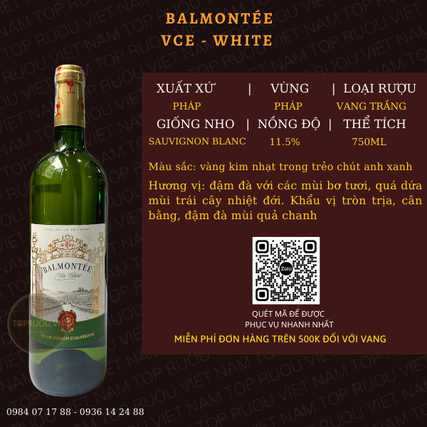 VANG TRẮNG BALMONTÉE VCE - WHITE - 750ML - PHÁP - 11.5%