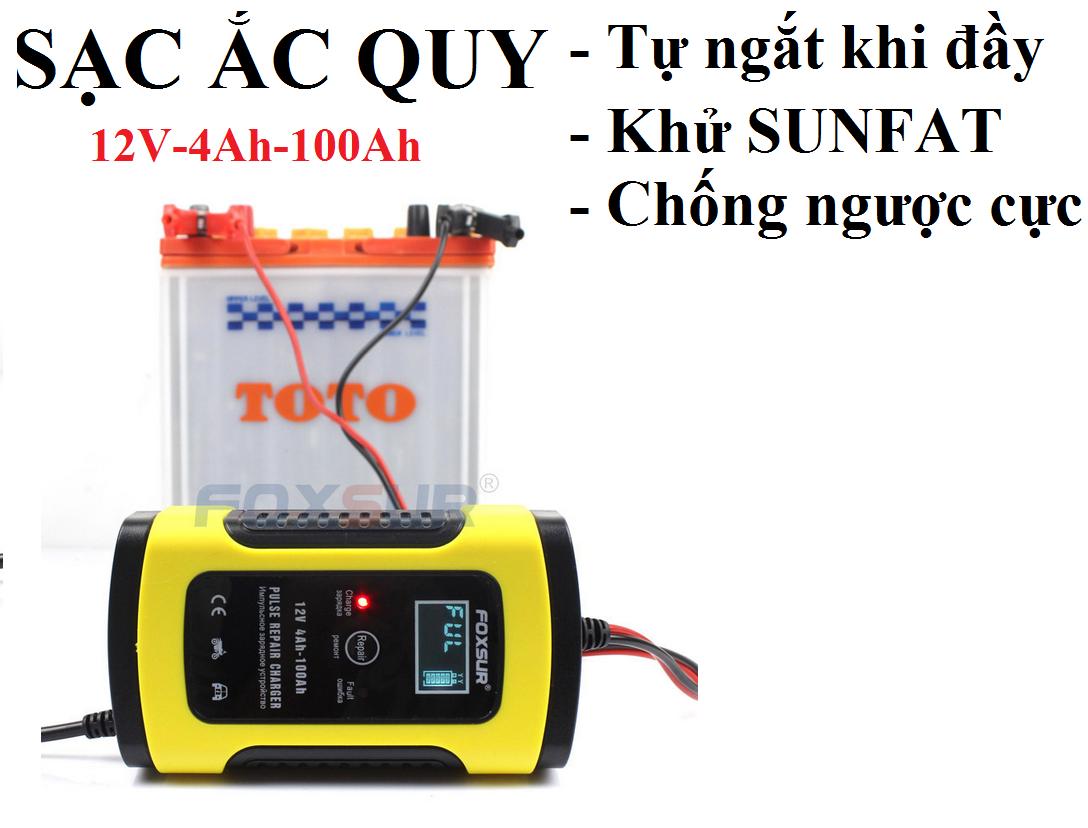 Bộ kích sạc bình ắc quy 12V/5A FOXSUR có khử sunfat bảo dưỡng phục hồi ắc quy dùng cho mọi loại bình ắc quy ô tô, xe máy chống ngược cực, tự