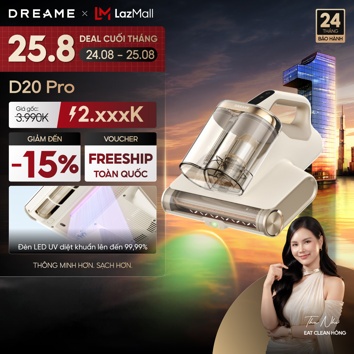 Máy hút bụi giường nệm diệt khuẩn UV, lọc bụi mịn Dreame D20 Pro- Bản quốc tế – Bảo hành 24 tháng
