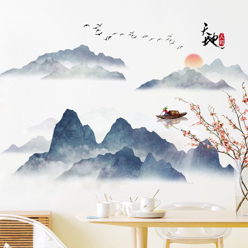 Decal dán tường phong cảnh núi non 05 PC bắc âu sẵn keo trang trí phòng ngủ, phòng khách
