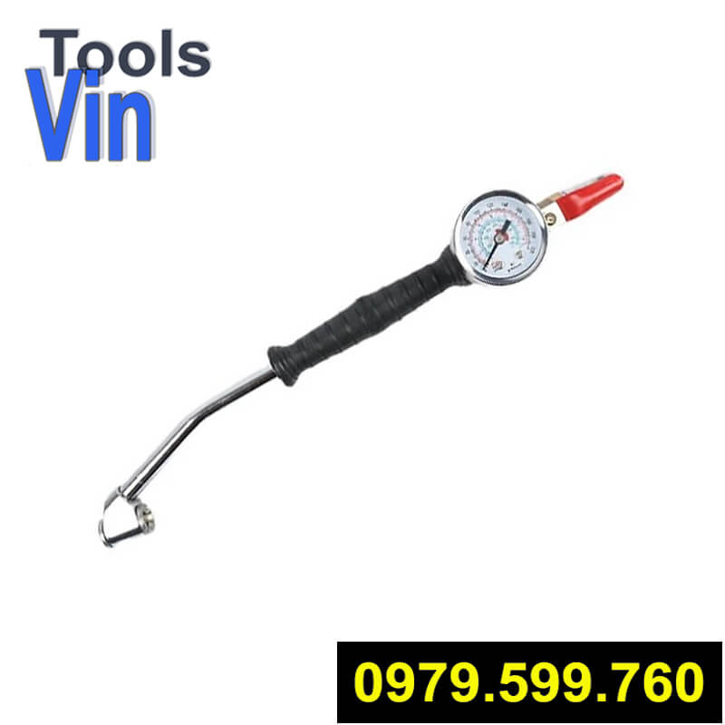 Tay bơm lốp cong, 2 đầu, có đồng hồ