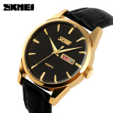 Đồng hồ nam dây da Skmei 9073 (Mặt đen dây đen viền vàng)