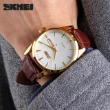 Đồng hồ nam dây da Skmei 9073 (Mặt đen dây đen viền vàng)