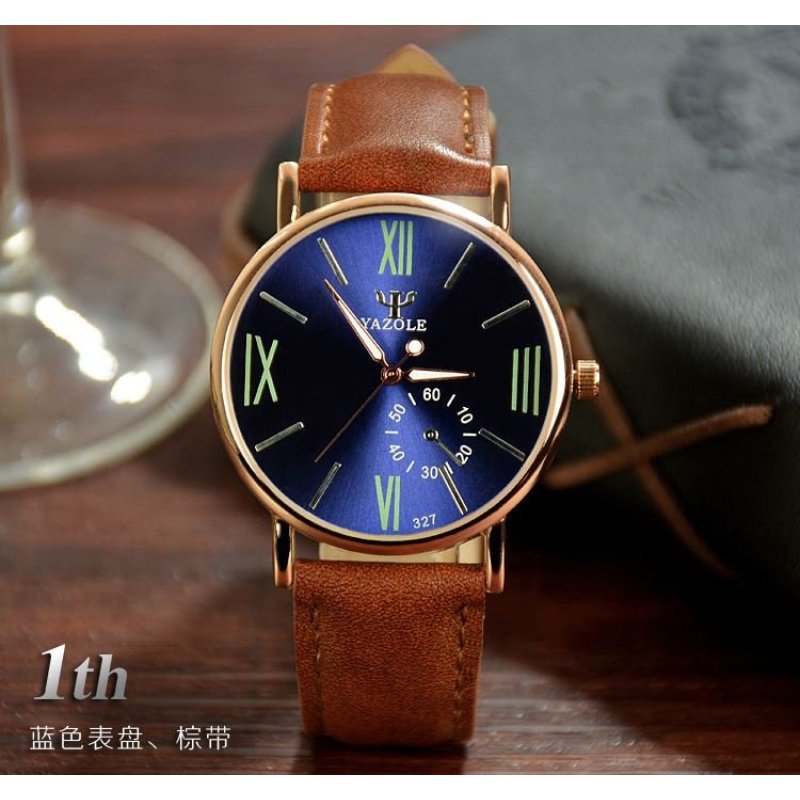 Đồng hồ nam dây da tổng hợp Yazole YA001-4 (Nâu mặt xanh)