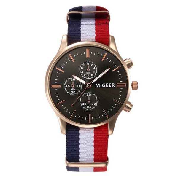 Đồng hồ nam dây vải MiGeer MG002-2 (Xanh trắng đỏ mặt đen)
