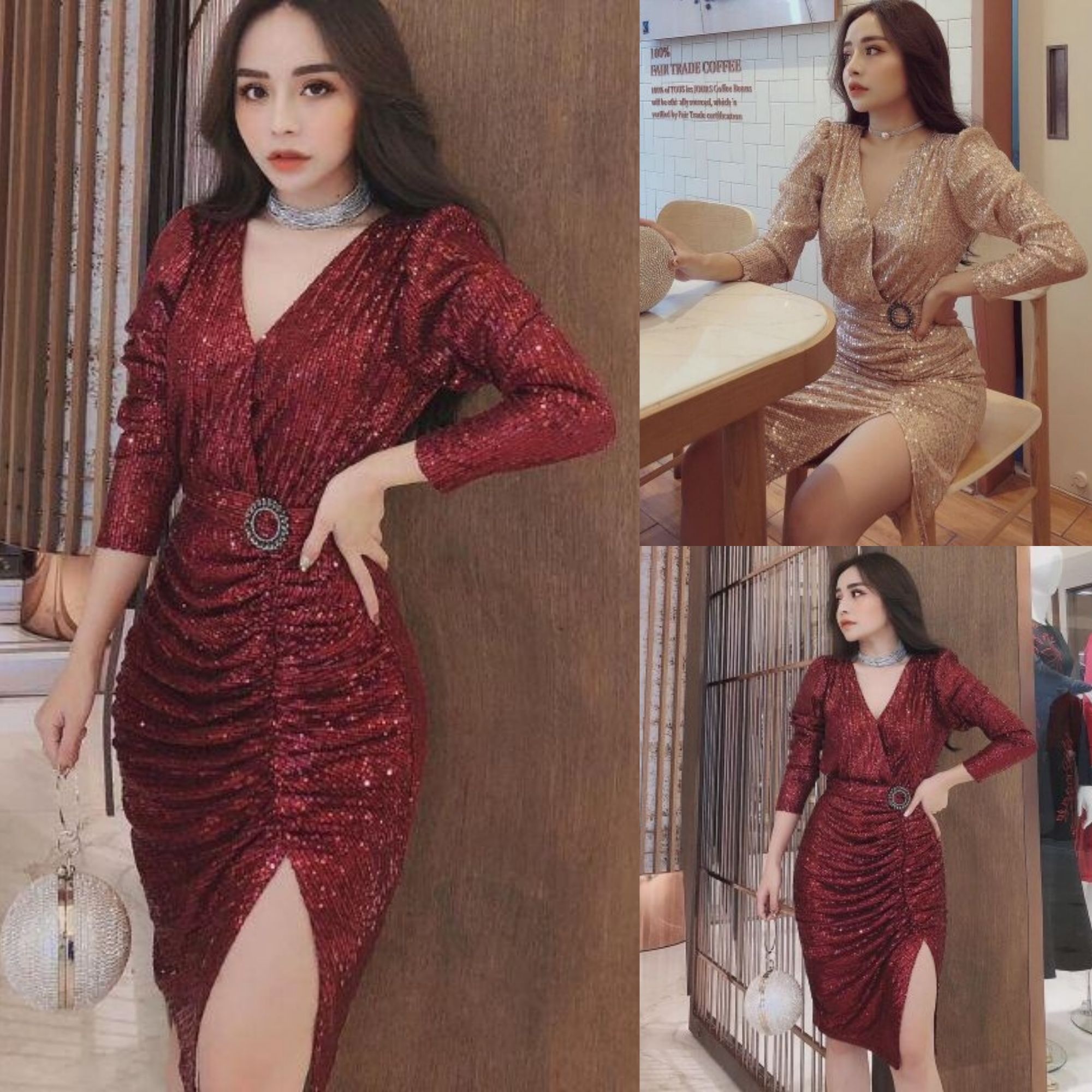 Đầm Body Kim Sa Cao Cấp eo phối belt đá xẻ đùi