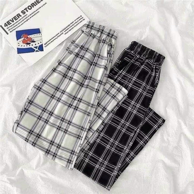 [Rẻ vô địch] Quần kẻ caro ống rộng cạp chun freesize