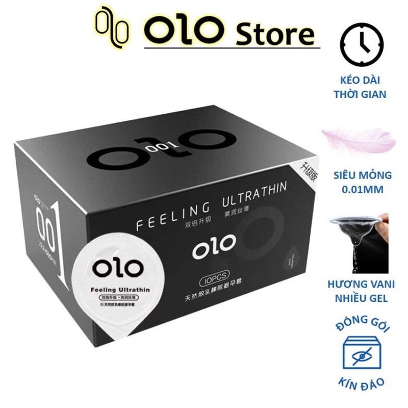 Bao cao su nam OLO 0.01 đen, siêu mỏng, nhiều gel bôi trơn, hương thơm - Hộp 10 bcs