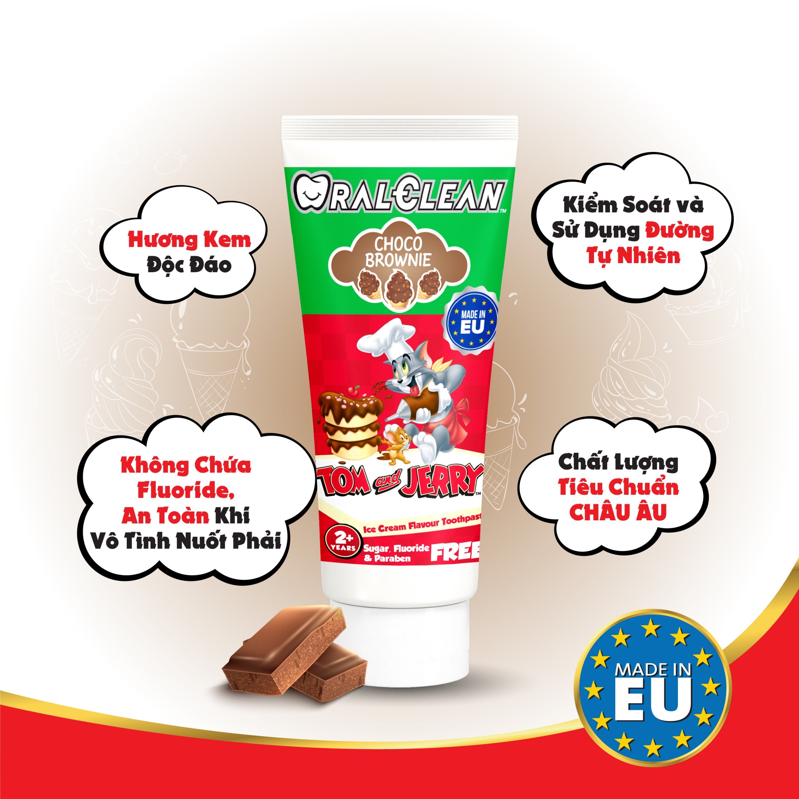 Kem Đánh Răng Cho Bé Socola OralClean Tom And Jerry Choco Brownie 75ml – Ngừa Sâu Răng, An Toàn Cho Trẻ Từ 2 Tuổi