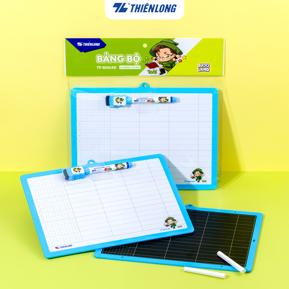 Bảng học sinh 2 mặt Thiên Long TP-B09/AK - Nhân vật Akooland thế giới học cụ thần kỳ, có bút lông đi kèm, tích hợp móc treo bảng