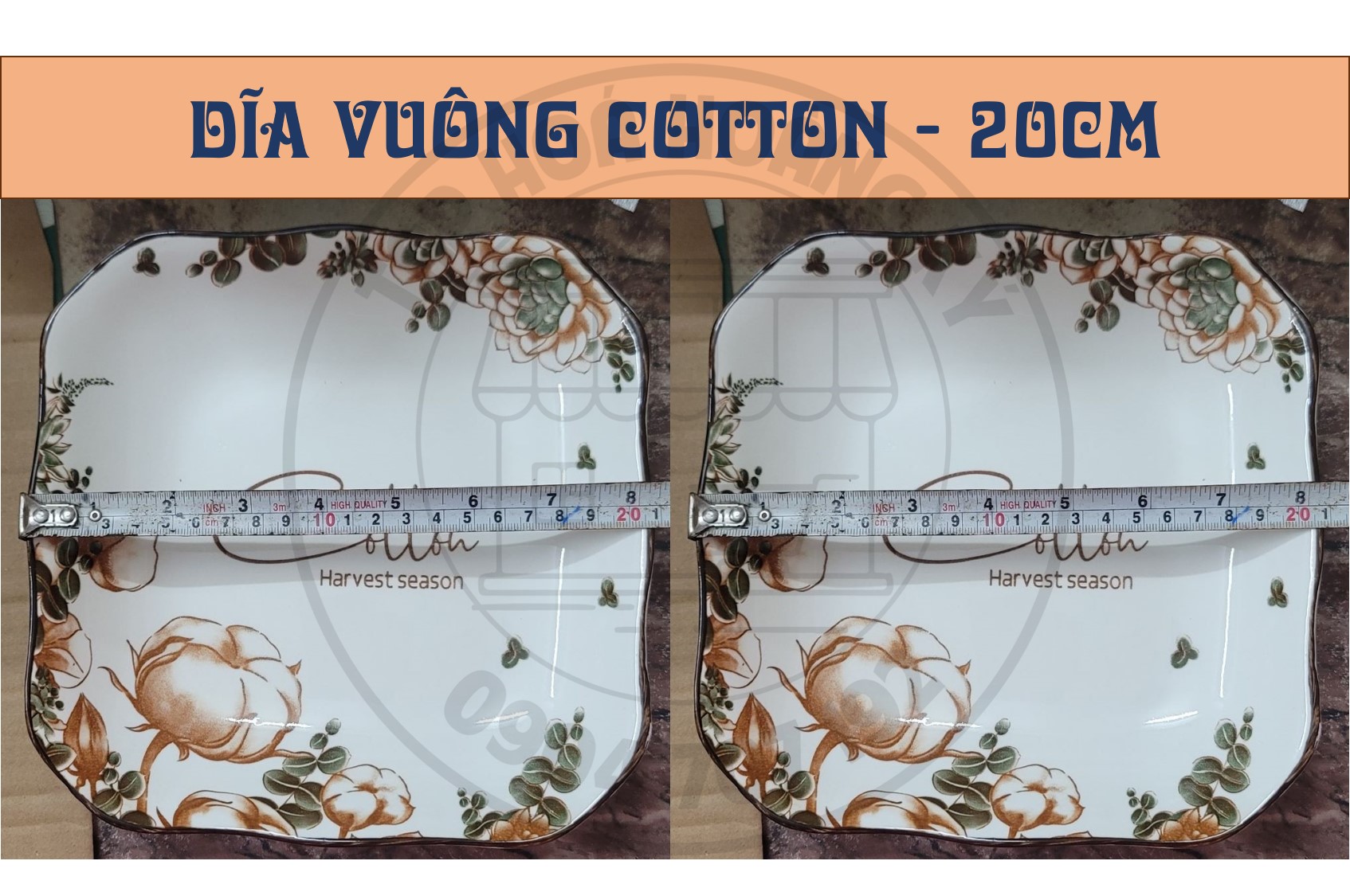 Dĩa vuông gốm sứ hoa văn Cotton 20CM ( CỠ 9)
