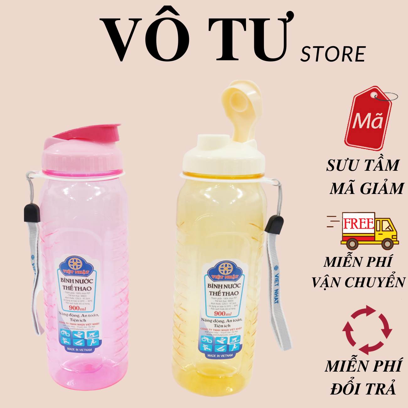 Bình đựng nước thể thao cực đẹp nhựa VIệt Nhật- Dung tích lớn 900ml có dây treo - 3 màu vàng trắng xanh- Tiện dụng