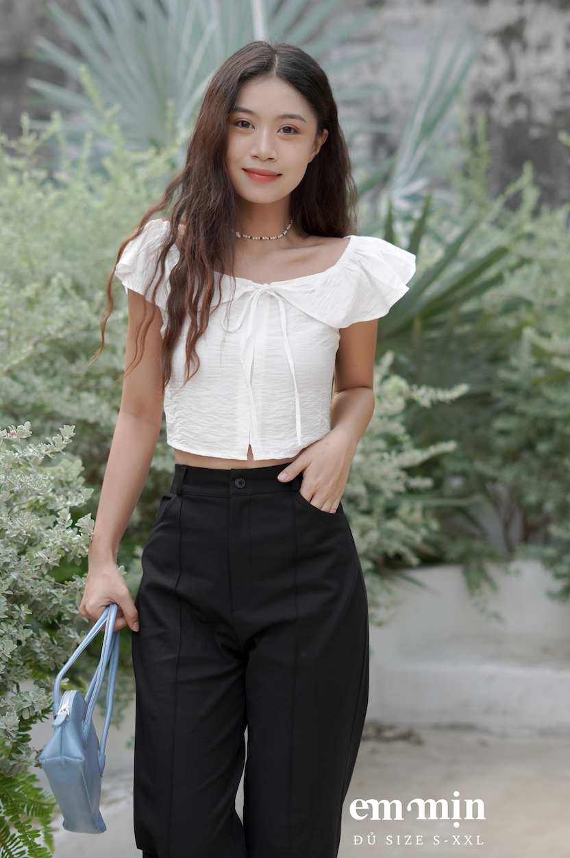 Áo croptop cổ nơ trễ vai