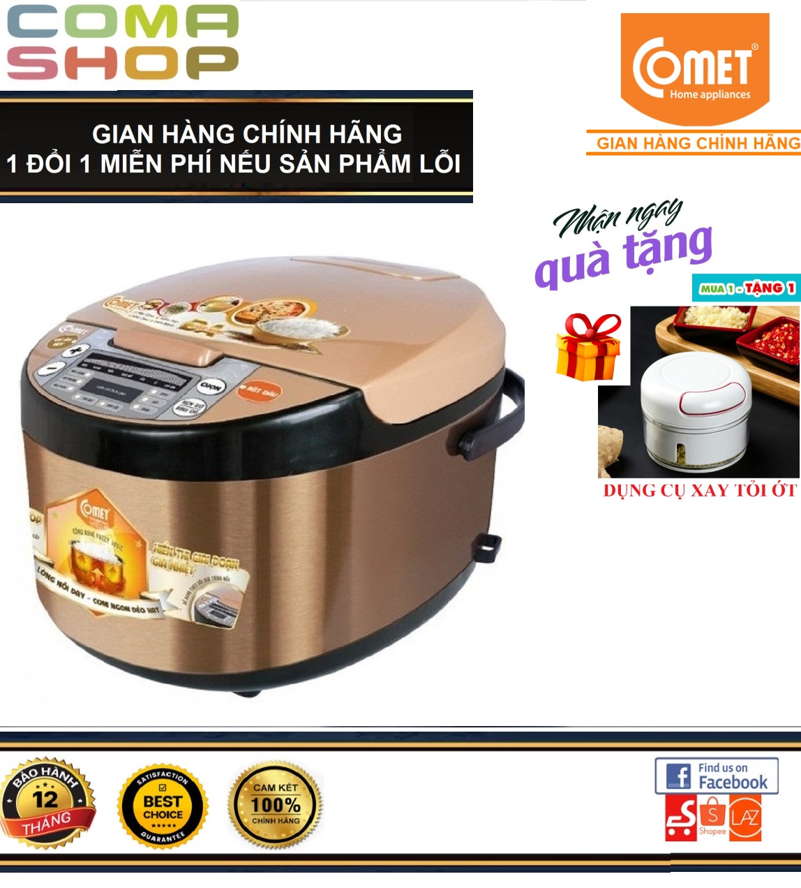 [HCM](HÀNG CHÍNH HÃNG)nồi cơm đa chức năngủ nhiệt nồi cơm điệnNồi cơm Điện comet chống dínhNỒI CƠM ĐIỆN TỬ NẮP GÀI 3D COMET CM8087 (1.8 LÍT)Đa chức năng có thể dùng để nấu cơm cháo Soup canh.