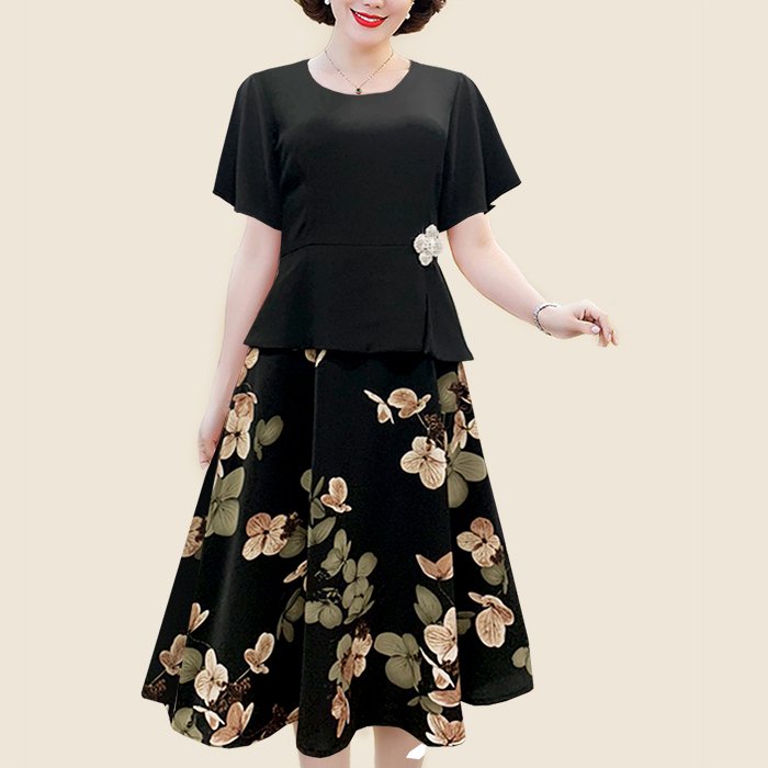 SHOPPRO - Đầm Xòe Dáng Dài Tuổi Trung Niên Kiểu Đầm Dự Tiệc Trung Niên Dáng Xòe Cao Cấp Cách Điệu Eo Đính Phụ Kiện - Đầm Trung Niên U50-60 3330