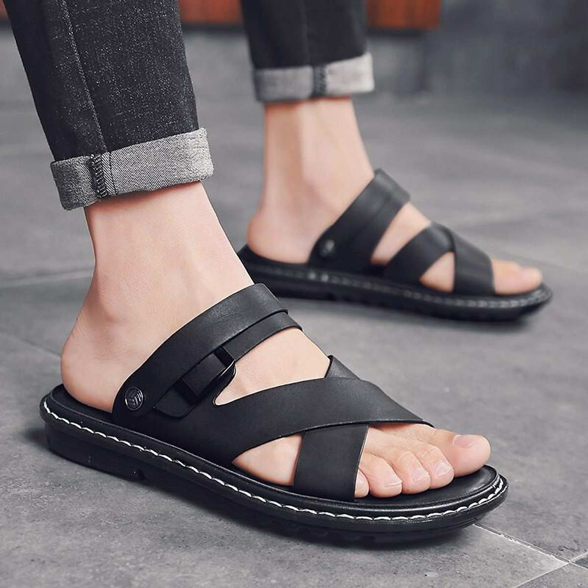 Dép da nam đế cao su massage êm ái cao cấp udany - dép sandal nam đế khâu chắc chắn - dqn6