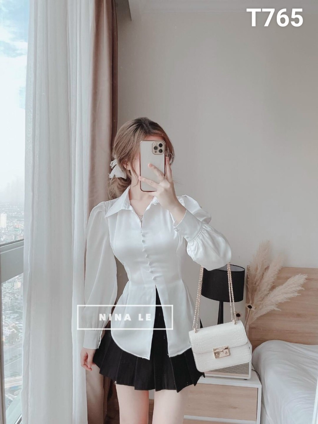 [HCM]set áo sơ mi tay dài phi lụa kèm chân váy kate xoè T765