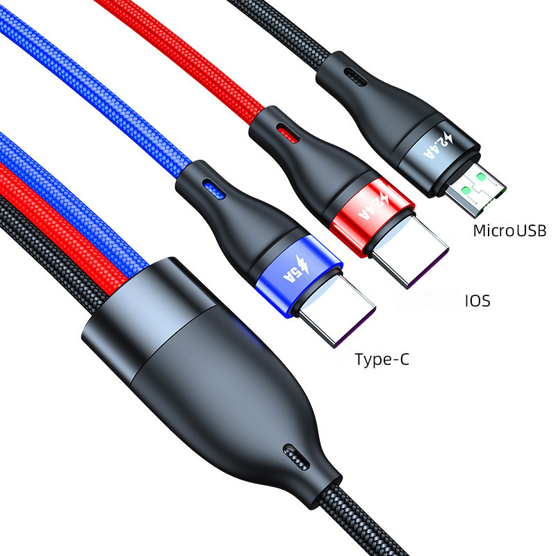 Cáp sạc đa năng, Cáp sạc đa năng 5A Cáp sạc 3 trong 1 Cáp sạc đa USB Cáp sạc nhanh với cổng Type-C, Micro USB và cổng IP, tương thích với hầu hết điện thoại và iPad