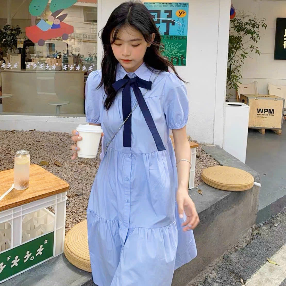 Đầm babydoll xanh nơ cổ